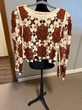 Rebellion Crochet Floral Knit Sweater Cream Brown Cropped Boho XS